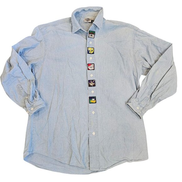 90s Mens Looney Tunes Denim Button Up‎ Shirt Longsleeve Large Light Wash - Picture 1 of 12